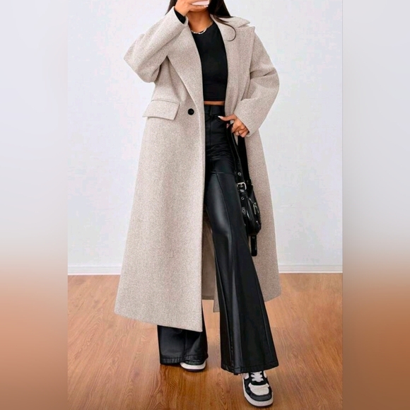 New Oversized Double Breasted Long Coat Jacket Cream Beige Tan - Picture 3 of 9